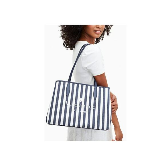 NEW KATE SPADE Street Tote Bag Blazer Blue White Stripe Small Side Snap $299 - Picture 2 of 11